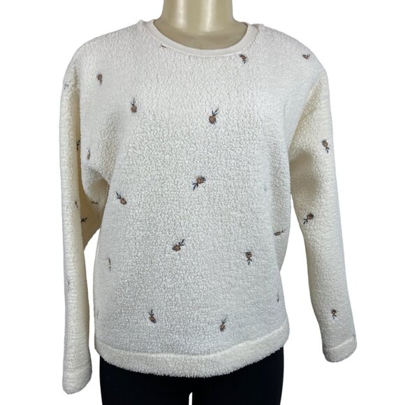 Loft Womens Cream Embroidered Long Sleeve Flowers Sherpa Pullover Sweater Sz XS - Picture 1 of 7
